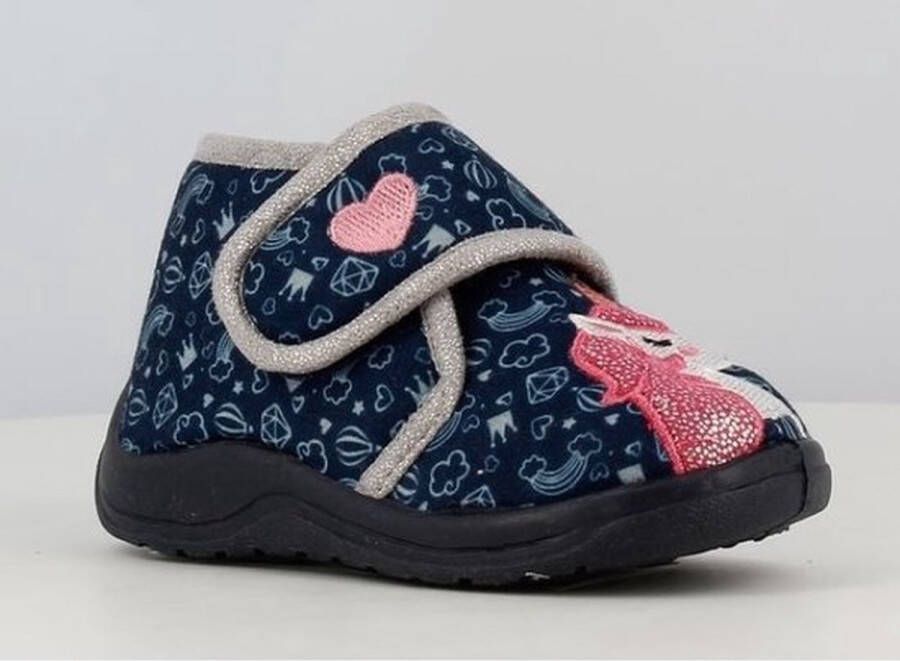 BBS Meisjes unicorn pantoffels – donkerblauw met roze eenhoorn – uitneembare zool – sterke antislip – ideaal kerst cadeau