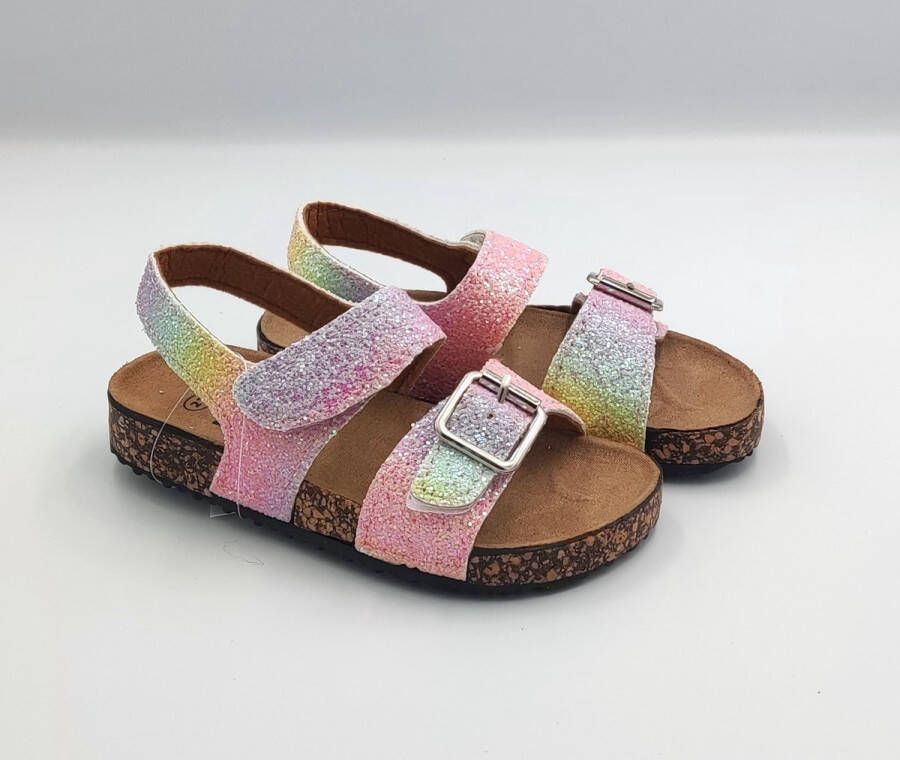 BBS Meisjes zomer sandalen multicolor roze en geel glitter casual chique klittenband sluiting en gespsluiting verstelbaar aan de tenen