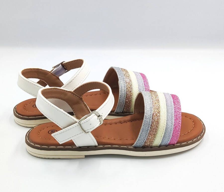 BBS Meisjes zomer sandalen wit met regenboogkleuren multicolor casual chique gespsluiting