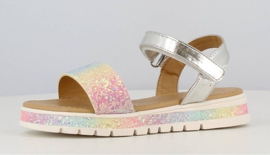 BBS Meisjes zomer sandalen zilver met regenboog glitters klittenband sluiting