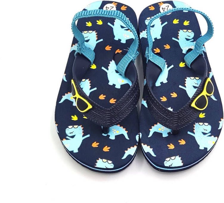 BBS Slippers voor jongen baby peuter kleuter blauw geel oranje met dinosaurus fantasie en zonnebril met elastische hielband ideale bad strand teenslippers