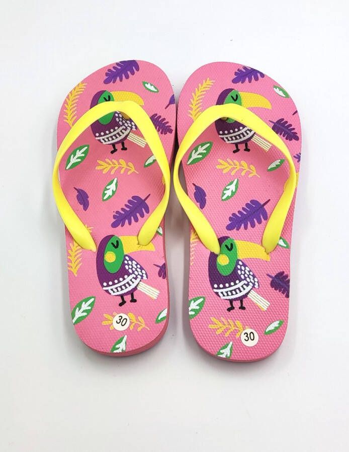 BBS Slippers voor meisjes Roze blauw geel groen met toekan vogel fantasie ideale bad strand teenslippers