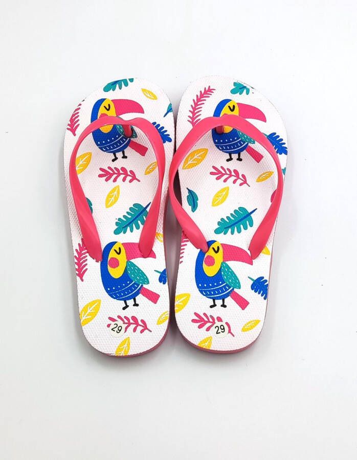 BBS Slippers voor meisjes Wit roze blauw geel met toekan vogel fantasie ideale bad strand teenslippers
