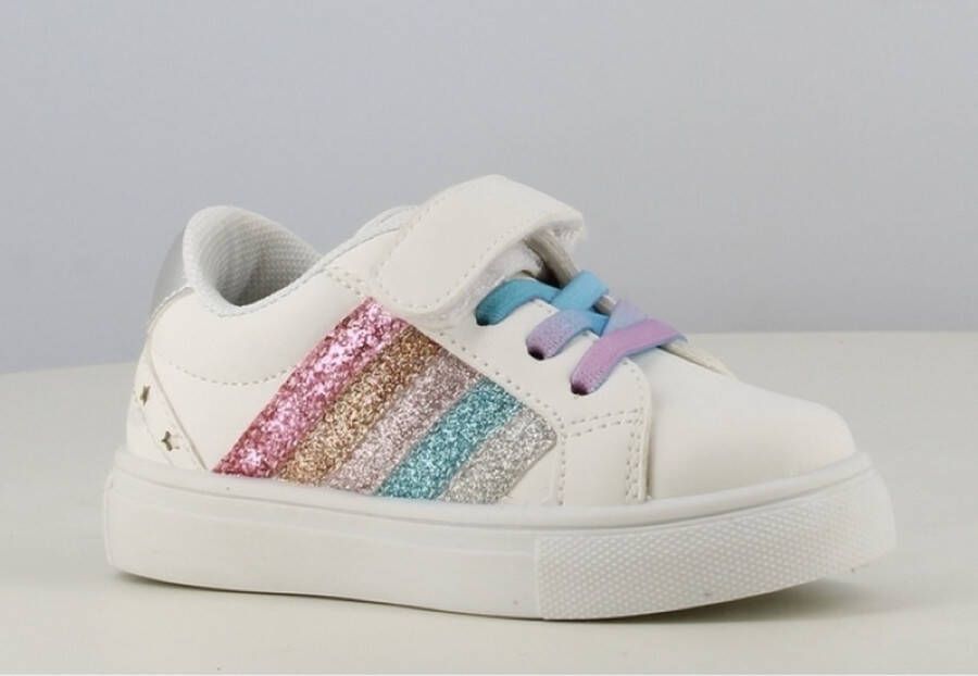 BBS Sneaker schoentjes baby peuter kleuter lage zomer schoenen wit met regenboog strepen en gekleurde linten klittenband sluiting
