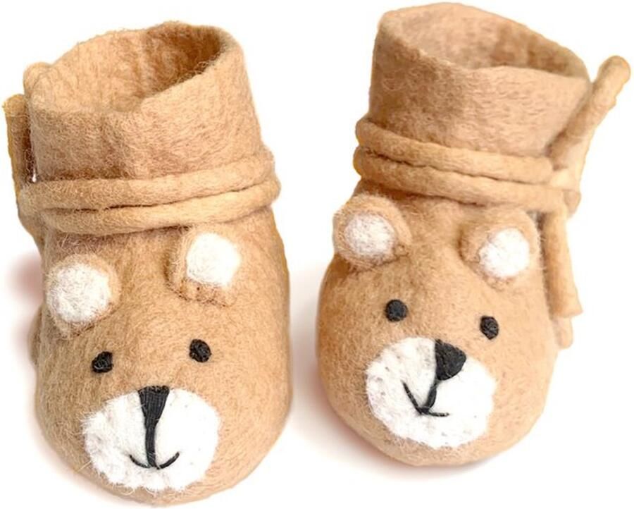 Be Yoona BeYoona Babyslofjes beer Vilten Babyschoentjes Fairmade Unisex Beige Bruin