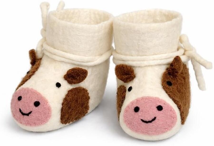 Be Yoona BeYoona Babyslofjes koe Vilten Babyschoentjes Fairmade Unisex Wit Bruin