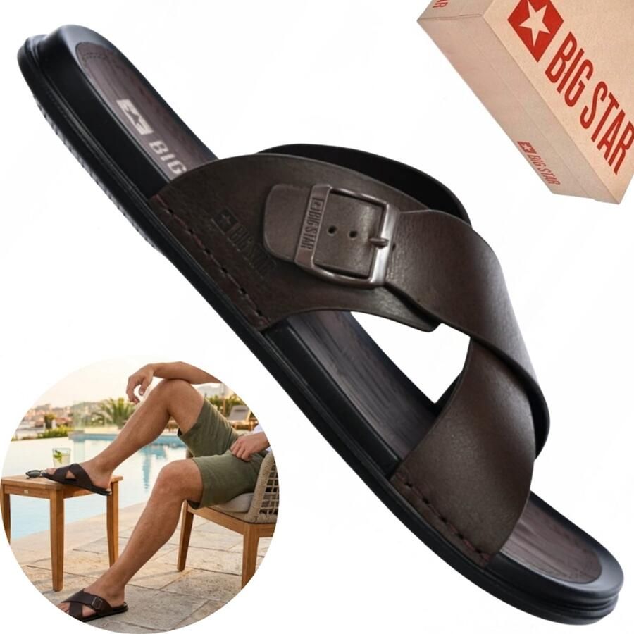 Big Star Heren Slippers Leer Bruin Casual Zomer RR174077