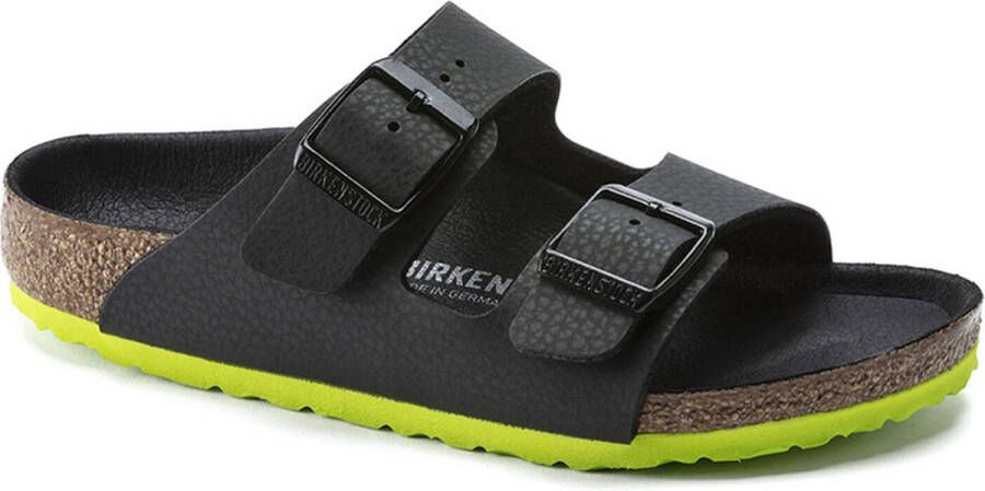 Birkenstock Arizona Kids Slippers Desert Soil Black Lime Narrow-fit Zwart Imitatieleer