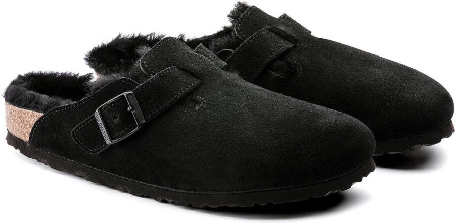 Birkenstock Boston Black narrow Shearling Veloursleder Suede Pantoffels Zwart
