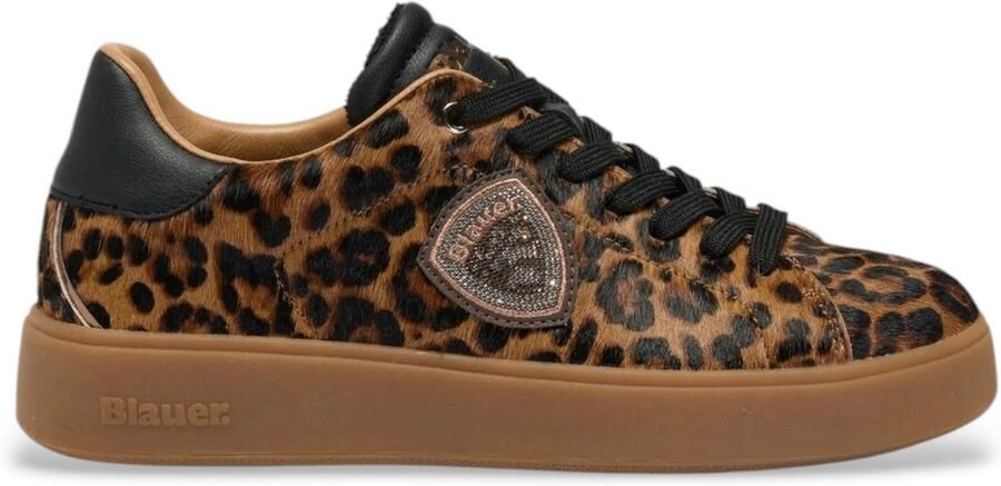 Blauer Leren sneakers Victory met luipaardprint