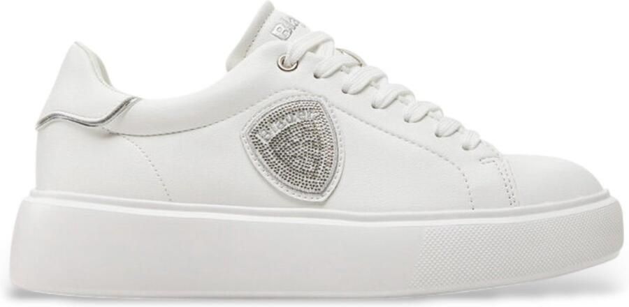 Blauer Witte Leren Dames Sneaker met Rhinestone Accents