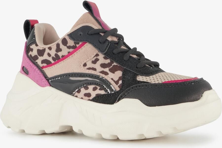 BLUE BOX meisjes dad sneakers met panterprint details beige zwart Uitneembare zool