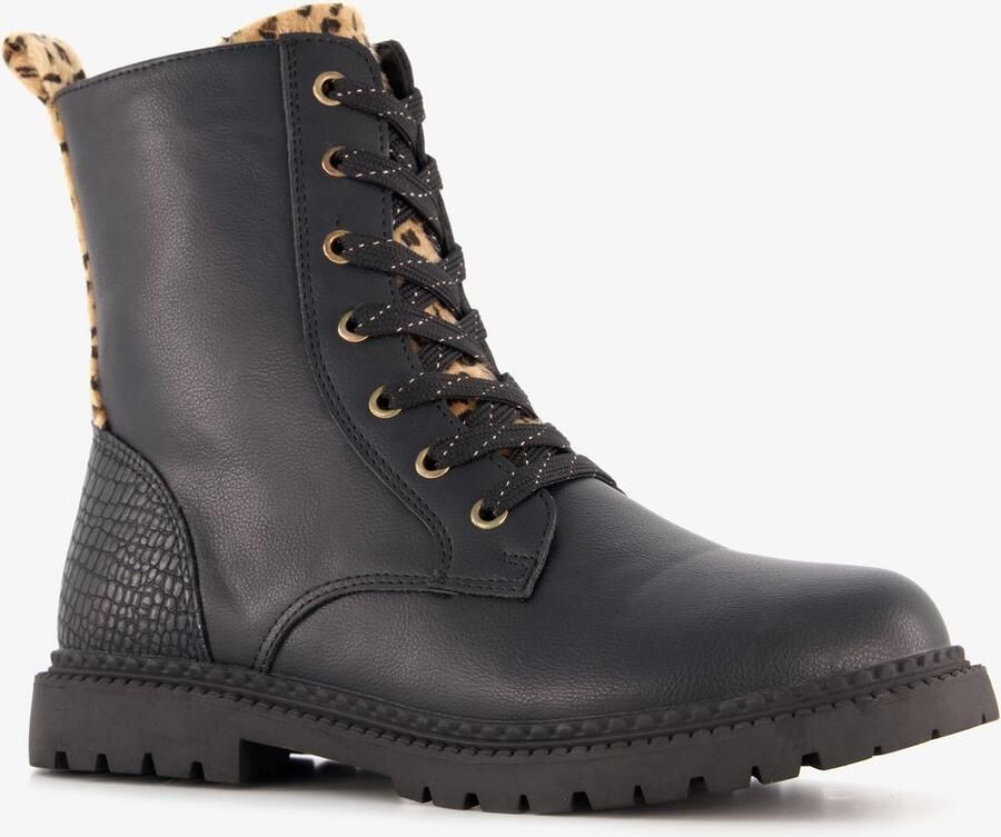 BLUE BOX meisjes veterboots met luipaard details zwart