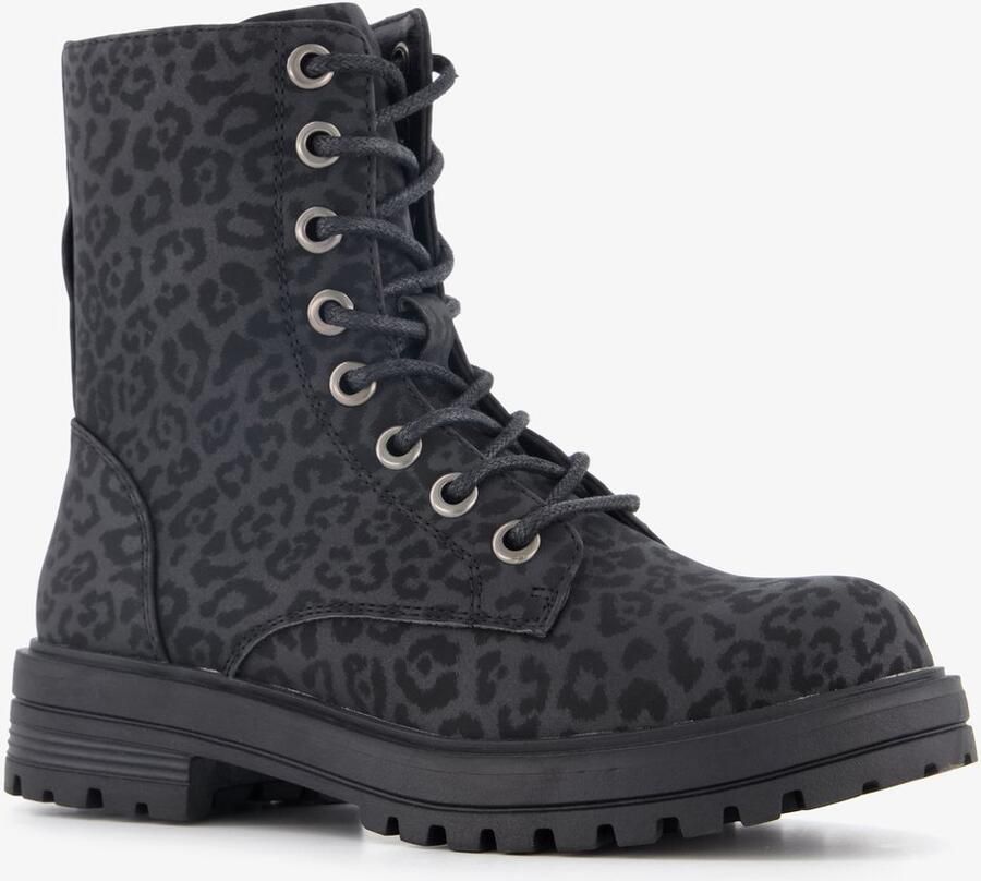 BLUE BOX meisjes veterboots met luipaardprint zwart