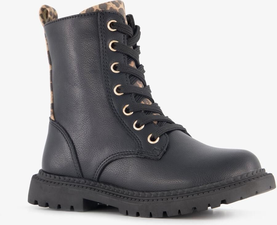 BLUE BOX meisjes veterboots met luipaardprint zwart