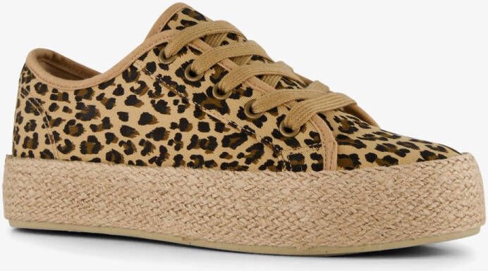 BLUE BOX dames sneakers met jute en panterprint Beige