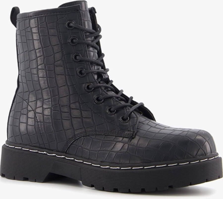 BLUE BOX dames veterboots met croco print zwart