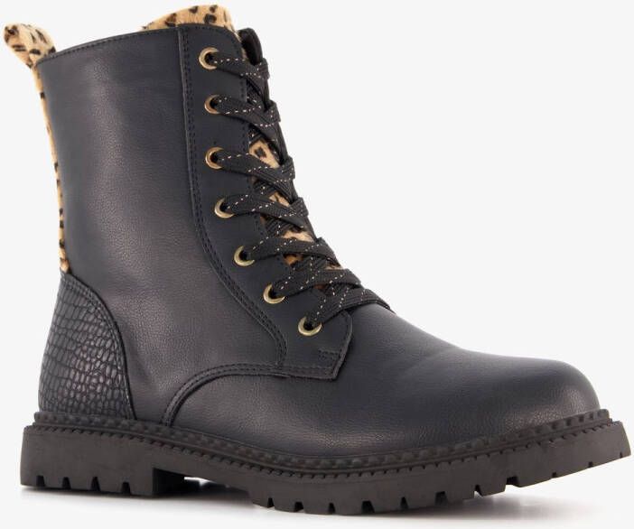 BLUE BOX meisjes veterboots met luipaard details zwart