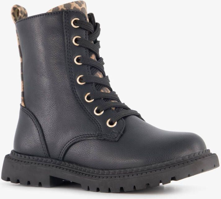BLUE BOX meisjes veterboots met luipaardprint zwart