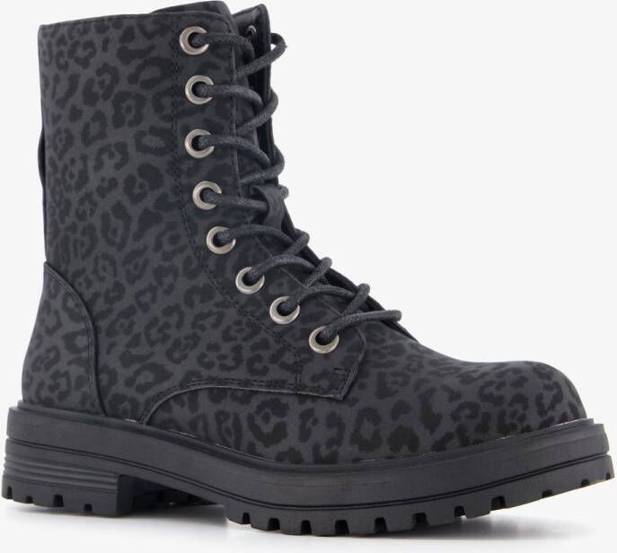 BLUE BOX meisjes veterboots met luipaardprint zwart