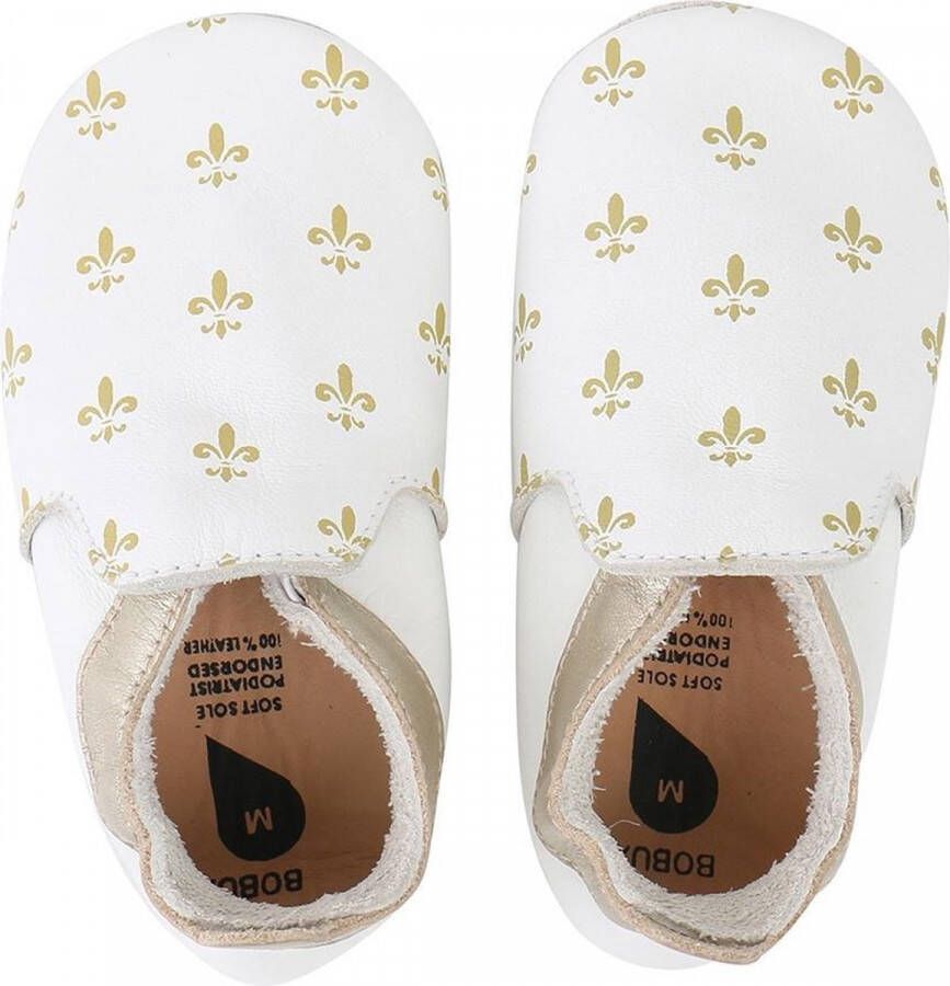 Bobux Soft Soles White gold fleur de lis gold trims loafer Babyslofjes