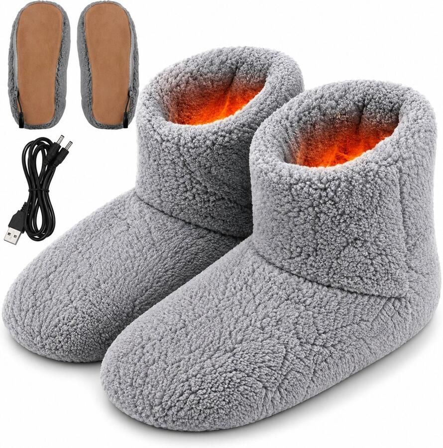 Bobypet Verwarmde sloffen USB Pantoffels Superzacht Pluche Comfortabele Warmte tot 55°C Voor Thuiswerken en Ontspanning Grijs