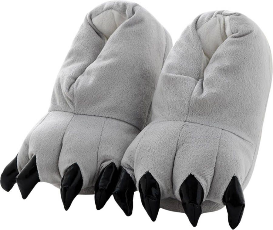 BoefieBoef Dinopoten Grijs Dierensloffen Warme Pantoffels met Antislip Zool Peuter & Kleuter Sloffen voor Kinderen Klauwpoten Flanel & Katoen Gripzool & Verjaardagscadeau