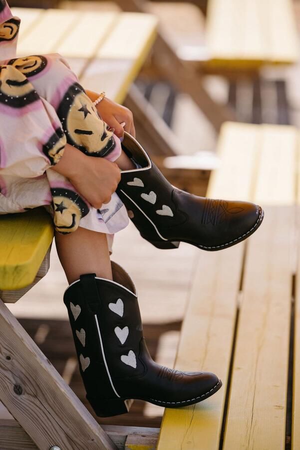 Bootstock Hearts Black Cowboylaarzen Tieners Zwart Leer