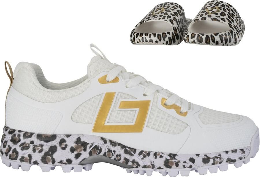 Brabo Tribute Junior Turf Hockeyschoenen White Gold Leopard met Slides