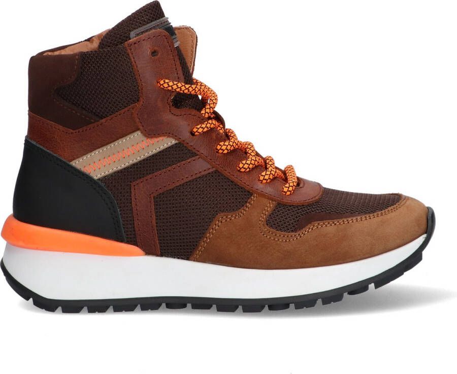 Braqeez 422944-113 Jongens Hoge Sneakers Bruin Oranje Leer Veters