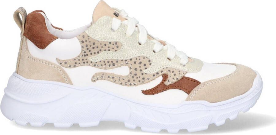 Braqeez 423284-903 Meisjes Lage Sneakers Beige Goud Bruin Print Leer Veters