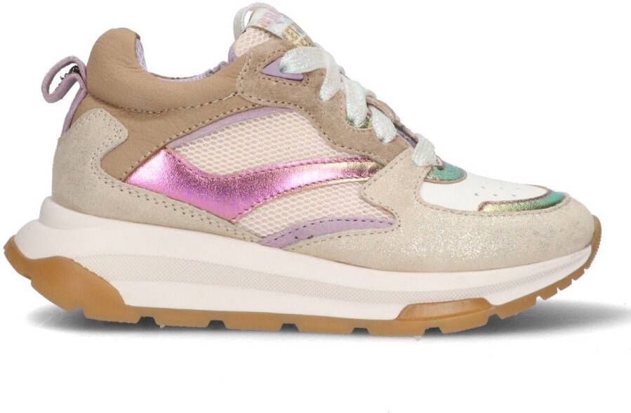 Braqeez 425250-994 Meisjes Lage Sneakers Beige Paars Wit Nubuck Veters