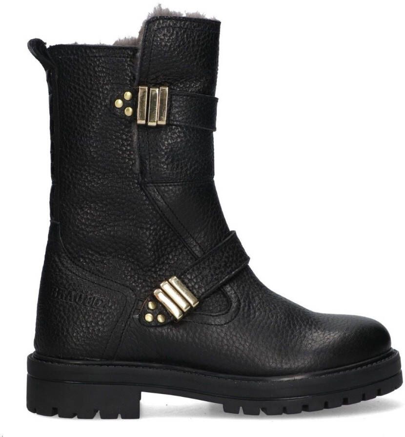 Braqeez 425762-589 Meisjes Veterboots Zwart Leer Gesp Met Rits