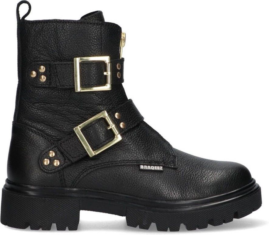 Braqeez 425783-589 Meisjes Biker Boots Zwart Leer Gesp Met Rits