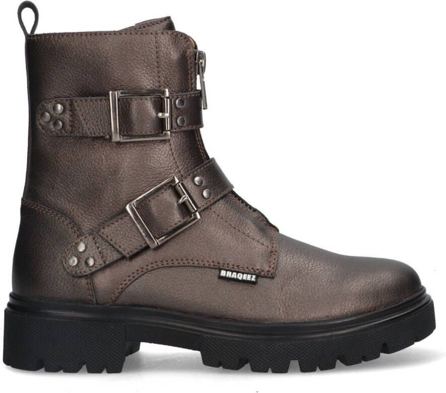 Braqeez 425783-592 Meisjes Biker Boots Grijs Leer Gesp Met Rits
