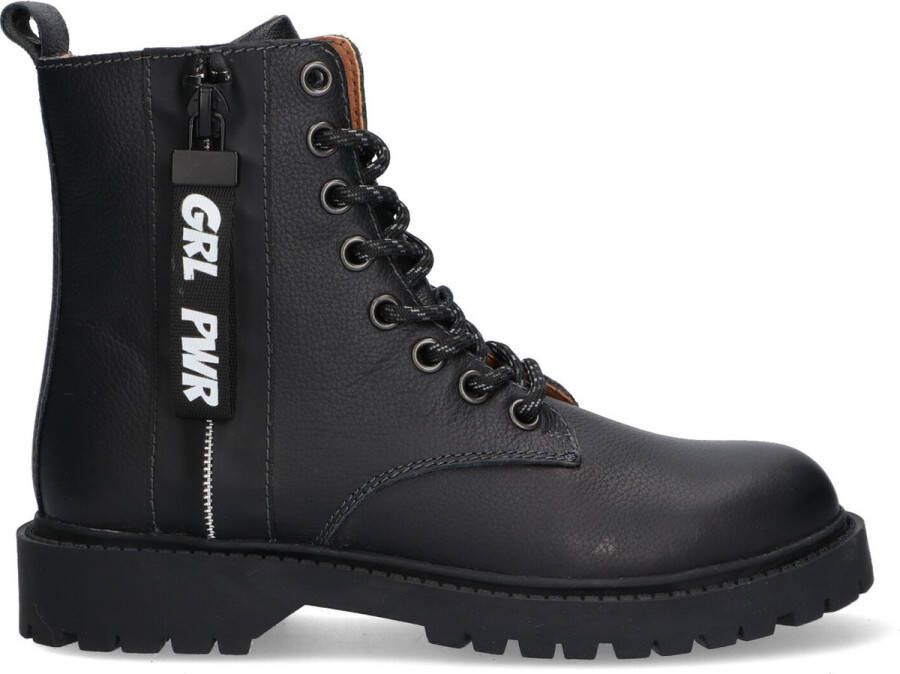 Braqeez Belle Boot Meisjes Biker Boots Zwart Leer Veters