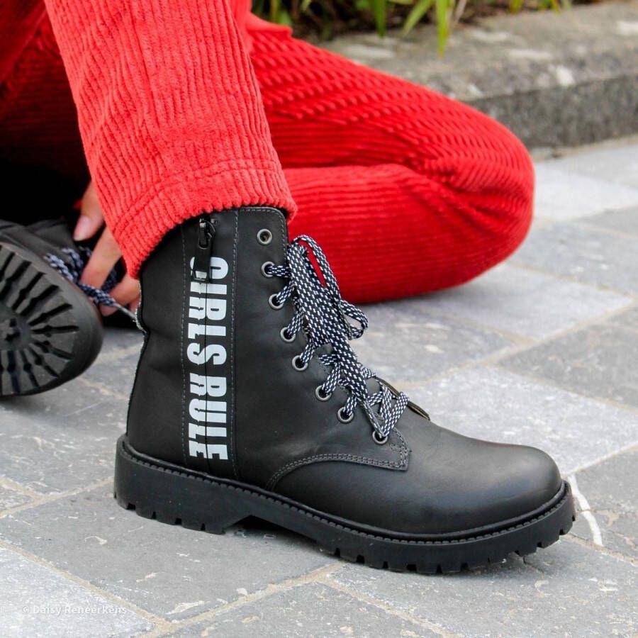 Braqeez 421773 489 Meisjes Biker Boots Zwart Leer Veters - Foto 5