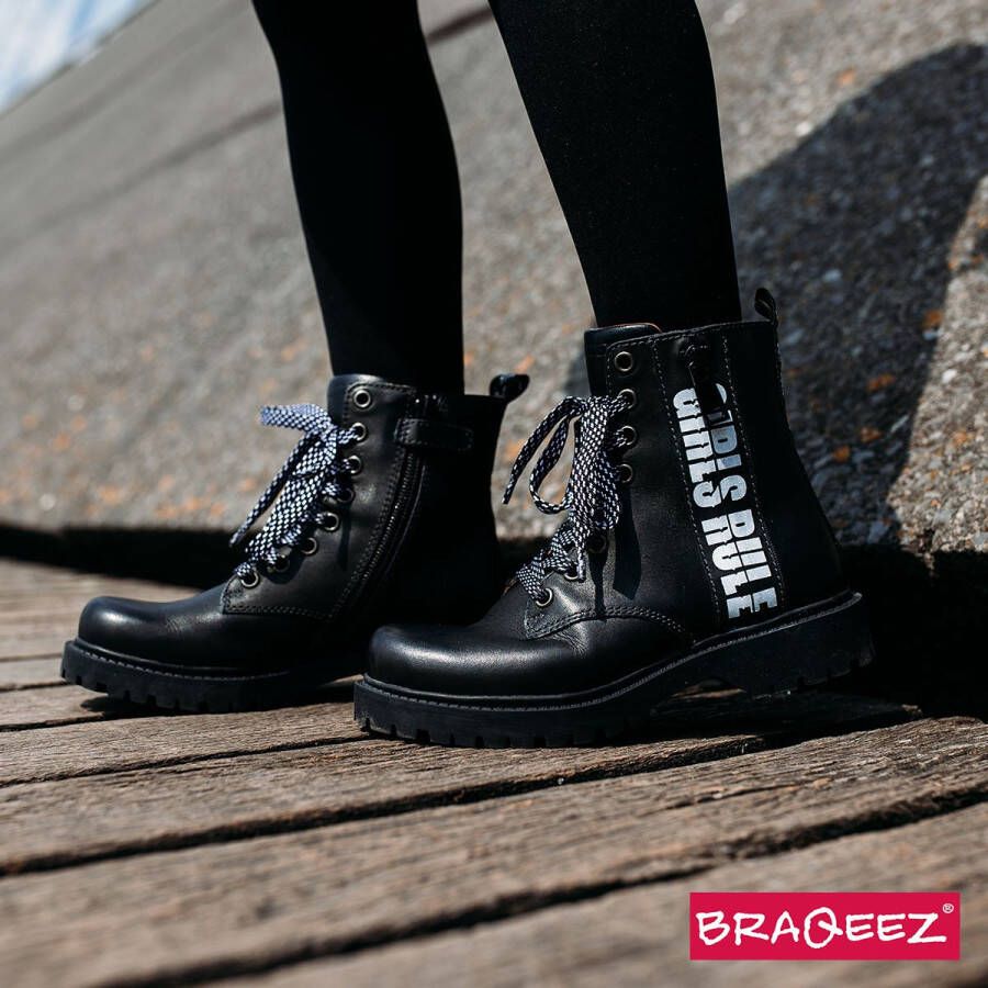 Braqeez 421773 489 Meisjes Biker Boots Zwart Leer Veters - Foto 6