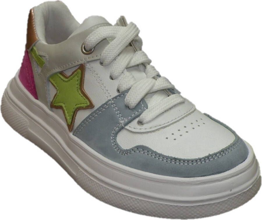 Braqeez 423111-122 Meisjes Lage Sneakers Blauw Wit Multi Groen Roze Nubuck Veters - Foto 3