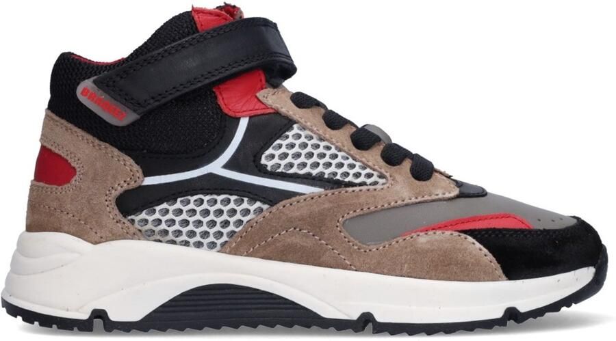 Braqeez 424621-108 Jongens Hoge Sneakers Taupe Zwart Rood Leer Veters