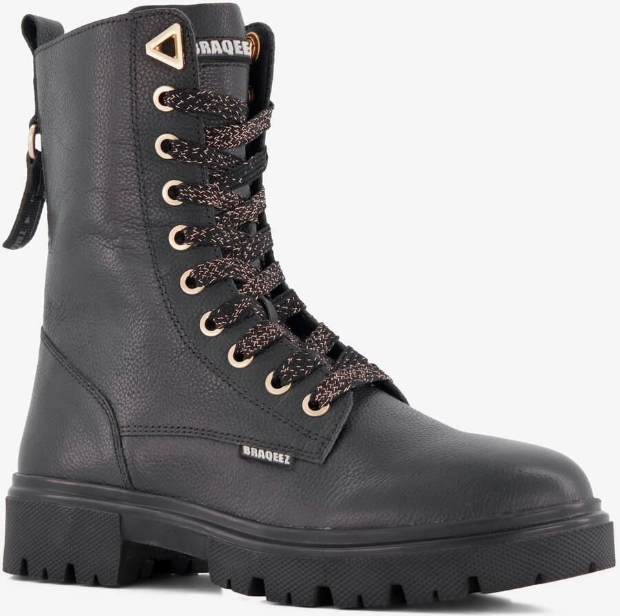 Braqeez leren meisjes veterboots zwart Uitneembare zool