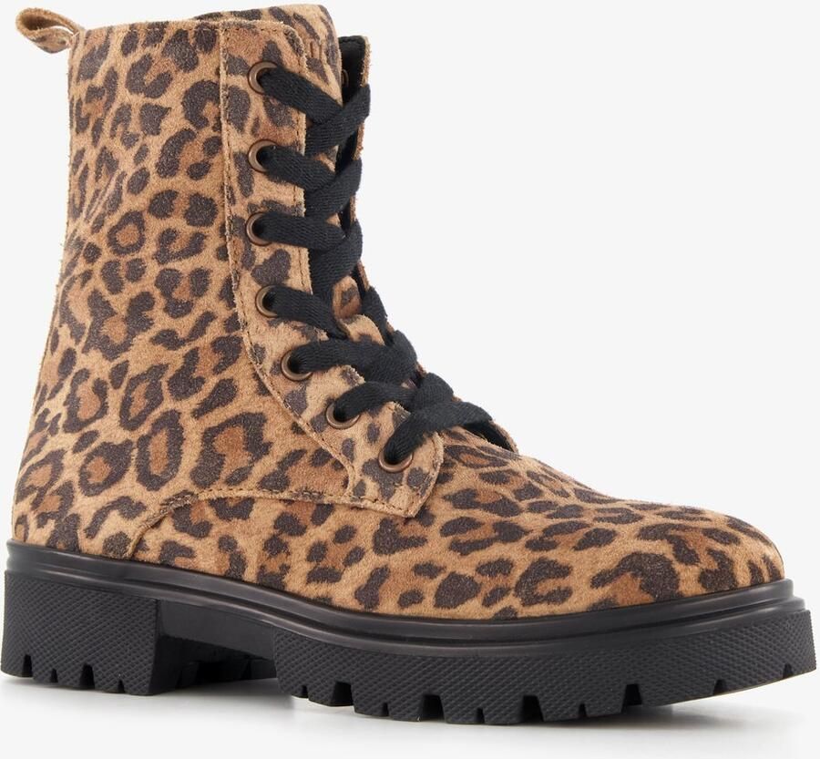 Braqeez suède meisjes veterboots met panterprint bruin Echt leer Uitneembare zool