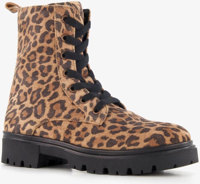 Braqeez leren meisjes veterboots met panterprint bruin Uitneembare zool
