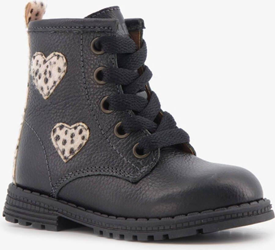 Braqeez leren meisjes veterboots zwart met hartjes Uitneembare zool