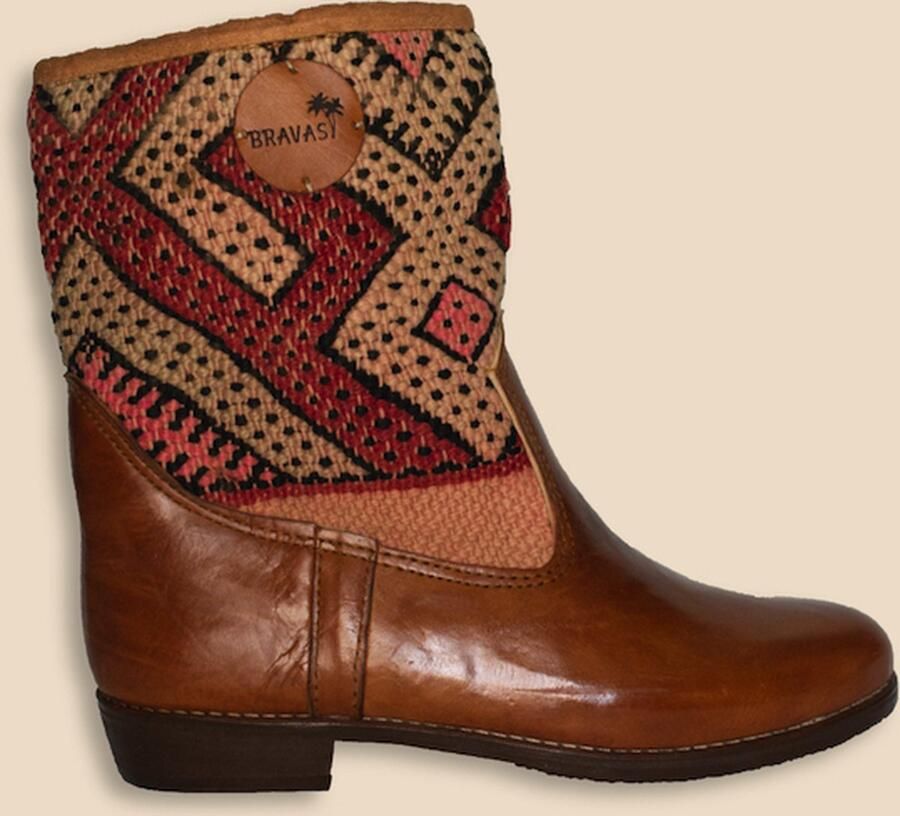 Bravas Boutique Kelim Boots ELVERA Laag- Laarzen 100% Echt Leder Handgemaakt Cognacbruin Met Gekleurde Kelim - Foto 2