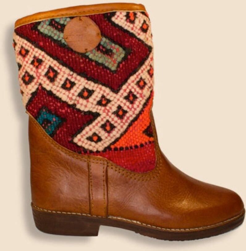Bravas Boutique Kelim boots ALBA Laag Laarzen 100% Echt Leder Handgemaakt Cognacbruin met gekleurde kelim