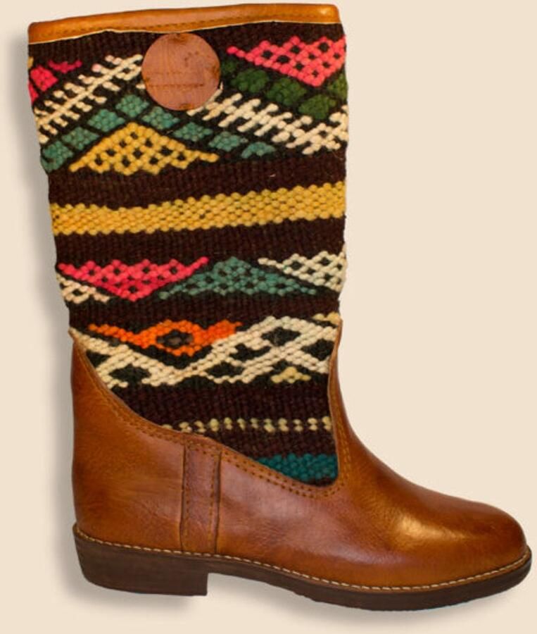 Bravas Boutique Kelim boots SOFIA Hoog Laarzen 100% Echt Leder Handgemaakt Cognacbruin met gekleurde kelim - Foto 3
