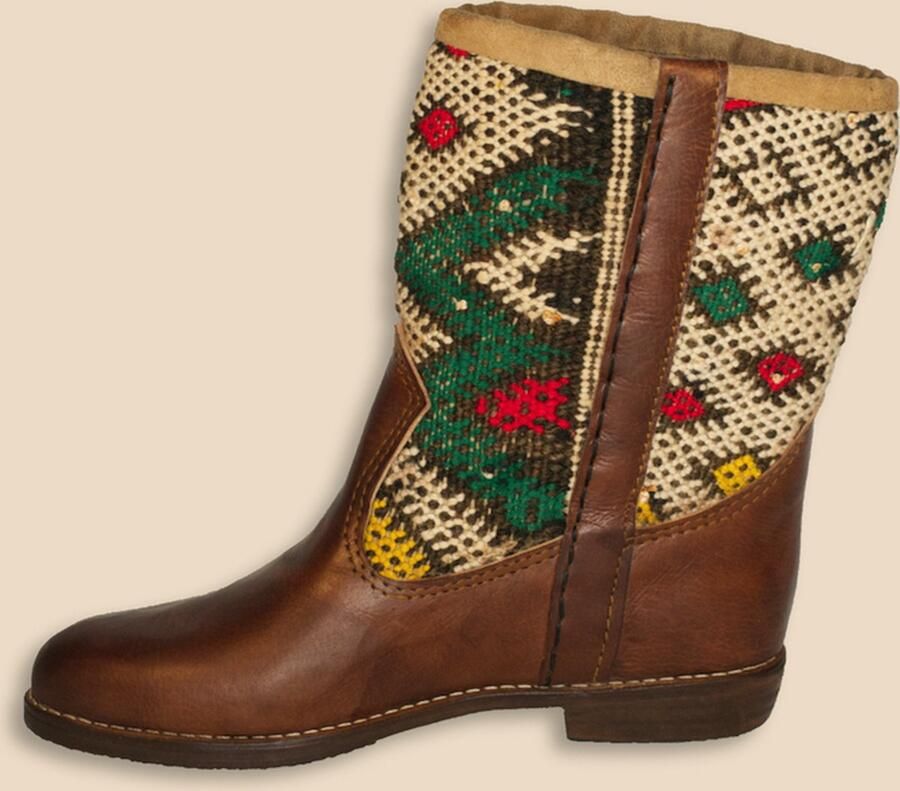 Bravas Boutique Kelim Boots ESMA Laag Laarzen 100% Echt Leder Handgemaakt Kastanjebruin Met Gekleurde Kelim - Foto 2