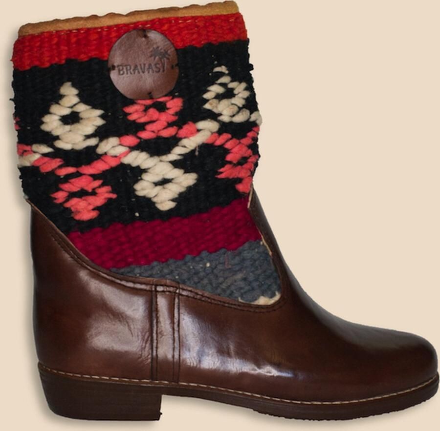 Bravas Boutique Kelim Boots ANETA Hoog Laarzen 100% Echt Leder Handgemaakt Kastanjebruin Met Gekleurde Kelim - Foto 2