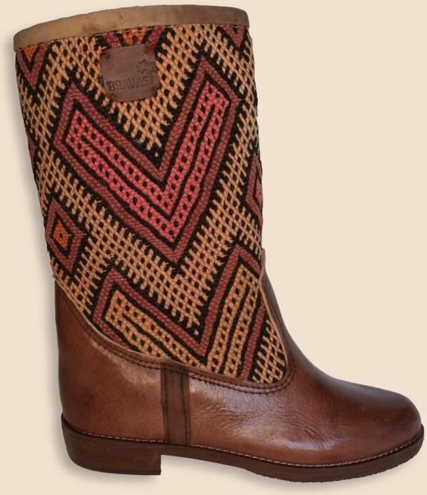 Bravas Boutique Kelim Boots Kastanjebruin Leer Marokkaanse Kelim Eleonora